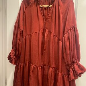 Lush Garnet Long Tiered Ruffle Sleeve Dress